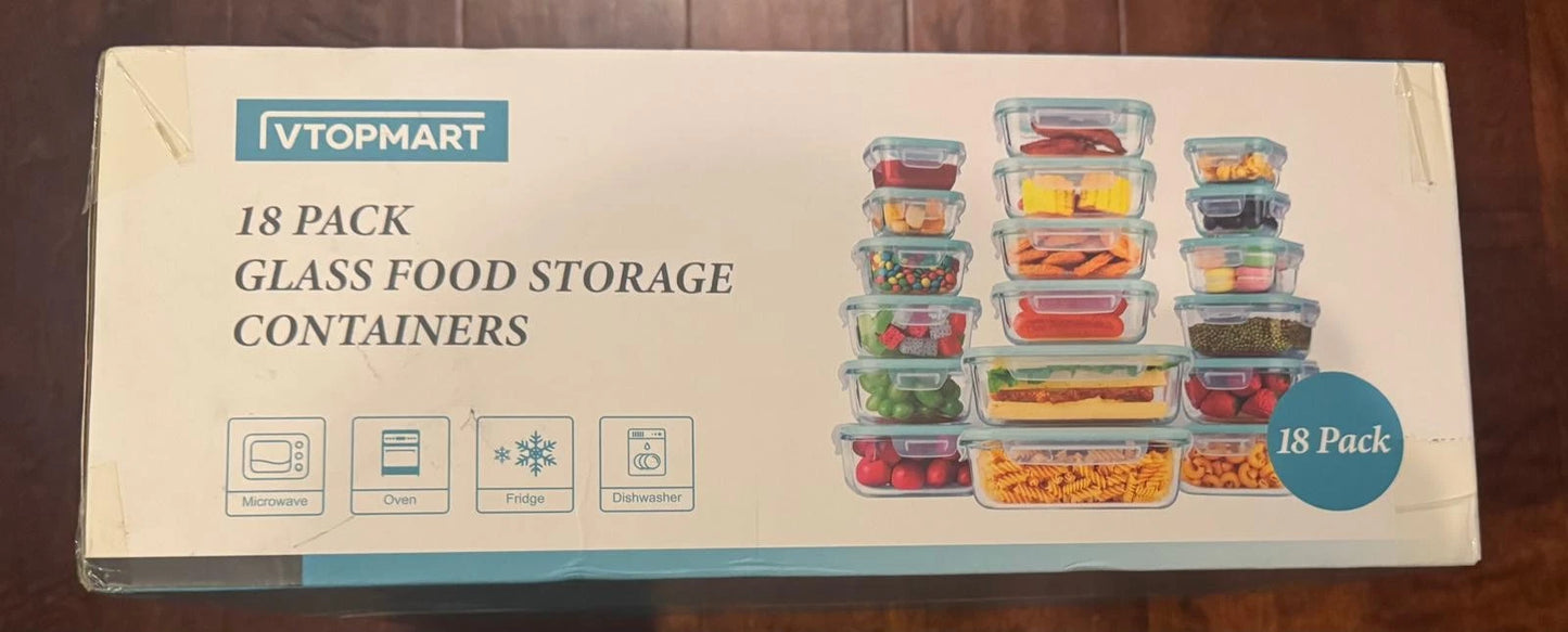 VTOPMART 18 Pack (36pc) Glass Storage Containers Set BPA Free Airtight Leakproof Lids
