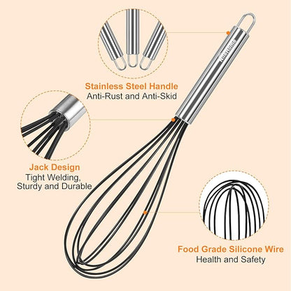 Whisk Stainless Steel whisk & Silicone Non-Stick Coated Small Whisk 8" Kitchen Wisk Wire (Black)