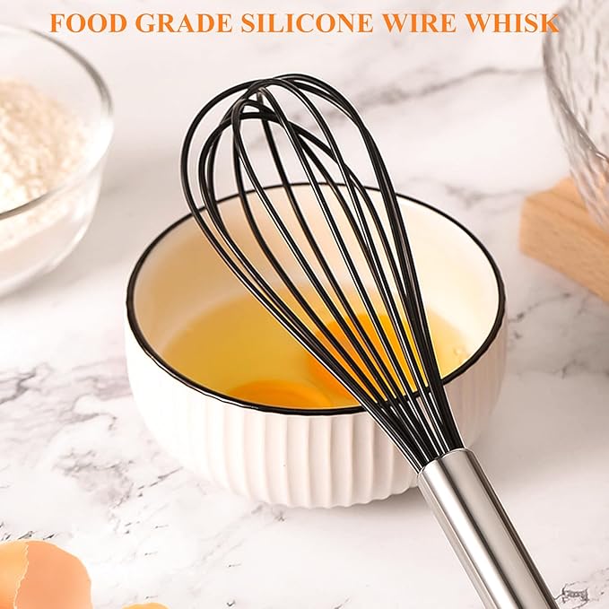 Whisk Stainless Steel whisk & Silicone Non-Stick Coated Small Whisk 8" Kitchen Wisk Wire (Black)