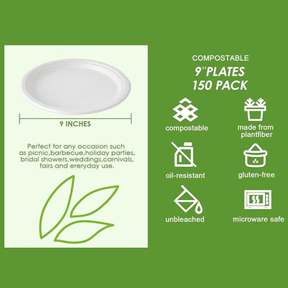 Vplus 150 Pack Paper Plates 9 inch 100% Compostable Plates Heavy-Duty Disposable Paper Plates Bagasse Natural Biodegradable Eco-Friendly Sugarcane Plates (White)