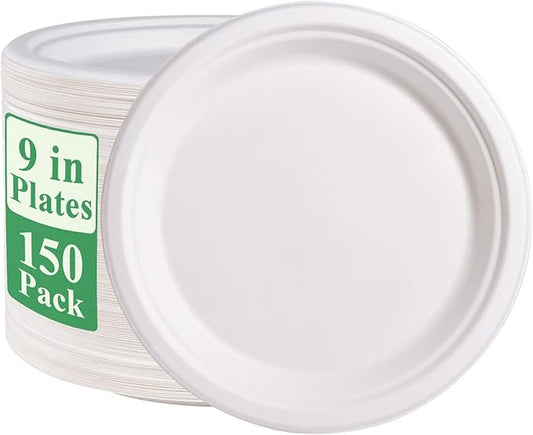 Vplus 150 Pack Paper Plates 9 inch 100% Compostable Plates Heavy-Duty Disposable Paper Plates Bagasse Natural Biodegradable Eco-Friendly Sugarcane Plates (White)