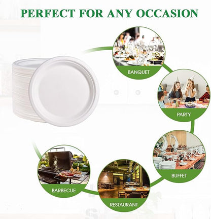 Vplus 150 Pack Paper Plates 9 inch 100% Compostable Plates Heavy-Duty Disposable Paper Plates Bagasse Natural Biodegradable Eco-Friendly Sugarcane Plates (White)