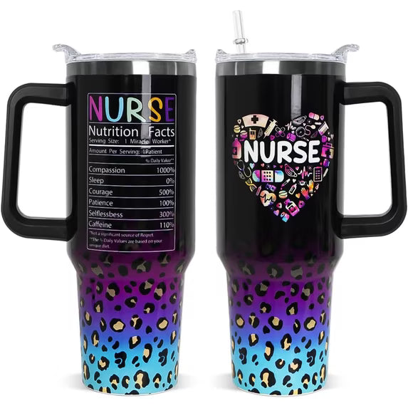 Nurses Gifts Nurse Tumbler with Handle & Straw - 40 oz Nurse Life Leopard Print Cup (Has Cosmetic Scratches)