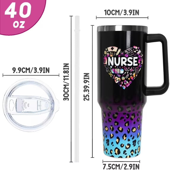 Nurses Gifts Nurse Tumbler with Handle & Straw - 40 oz Nurse Life Leopard Print Cup (Has Cosmetic Scratches)