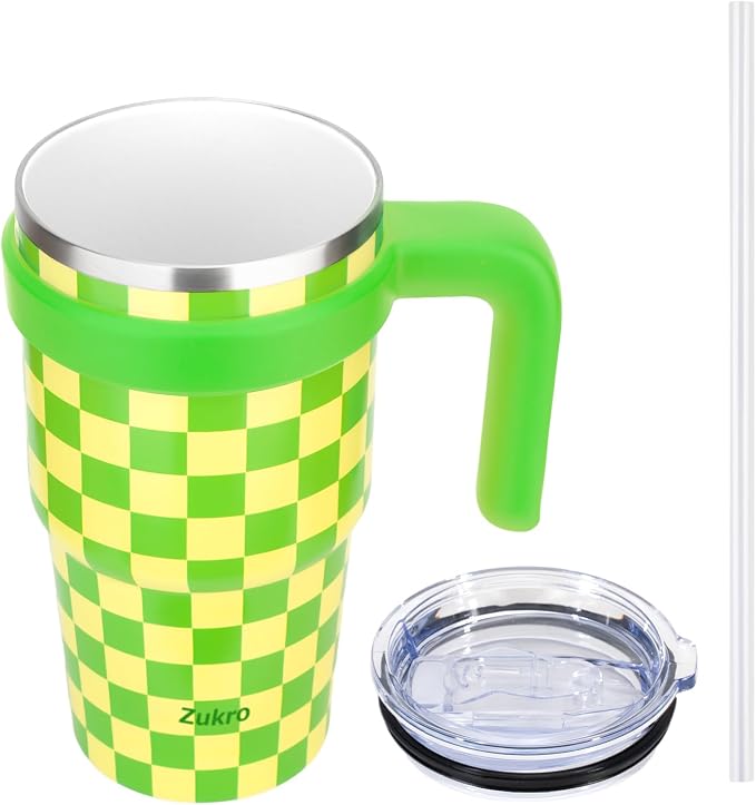 Zukro 24 Oz Ceramic Lined Tumbler With Handle And Straw, No Metal Taste, Insulated Stainless Steel Coffee Mug With Spill Proof Lids