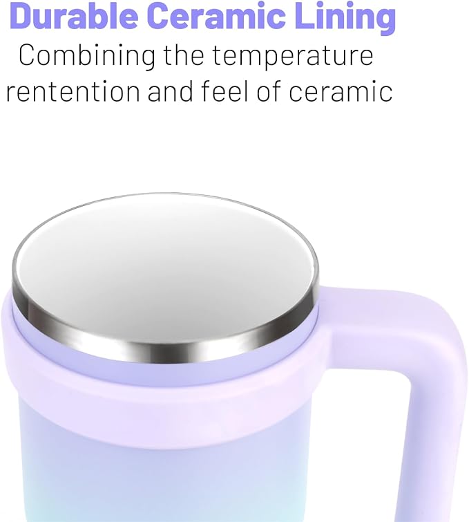 Zukro 24 Oz Ceramic Lined Tumbler With Handle And Straw, No Metal Taste, Insulated Stainless Steel Coffee Mug With Spill Proof Lids