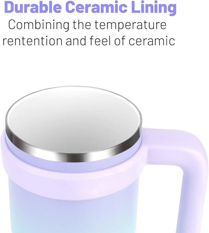 Zukro 24 Oz Ceramic Lined Tumbler With Handle And Straw, No Metal Taste, Insulated Stainless Steel Coffee Mug With Spill Proof Lids