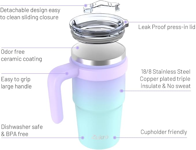 Zukro 24 Oz Ceramic Lined Tumbler With Handle And Straw, No Metal Taste, Insulated Stainless Steel Coffee Mug With Spill Proof Lids