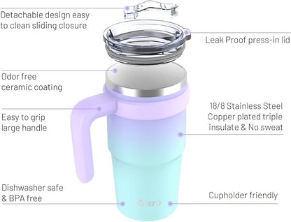 Zukro 24 Oz Ceramic Lined Tumbler With Handle And Straw, No Metal Taste, Insulated Stainless Steel Coffee Mug With Spill Proof Lids