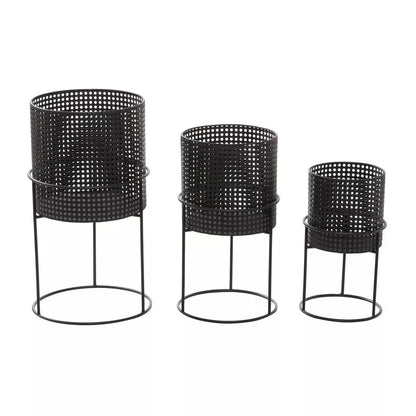 Set of 3 Metal Punched Planter Black - CosmoLiving by Cosmopolitan: Indoor/Outdoor, No Assembly Required, Decorative