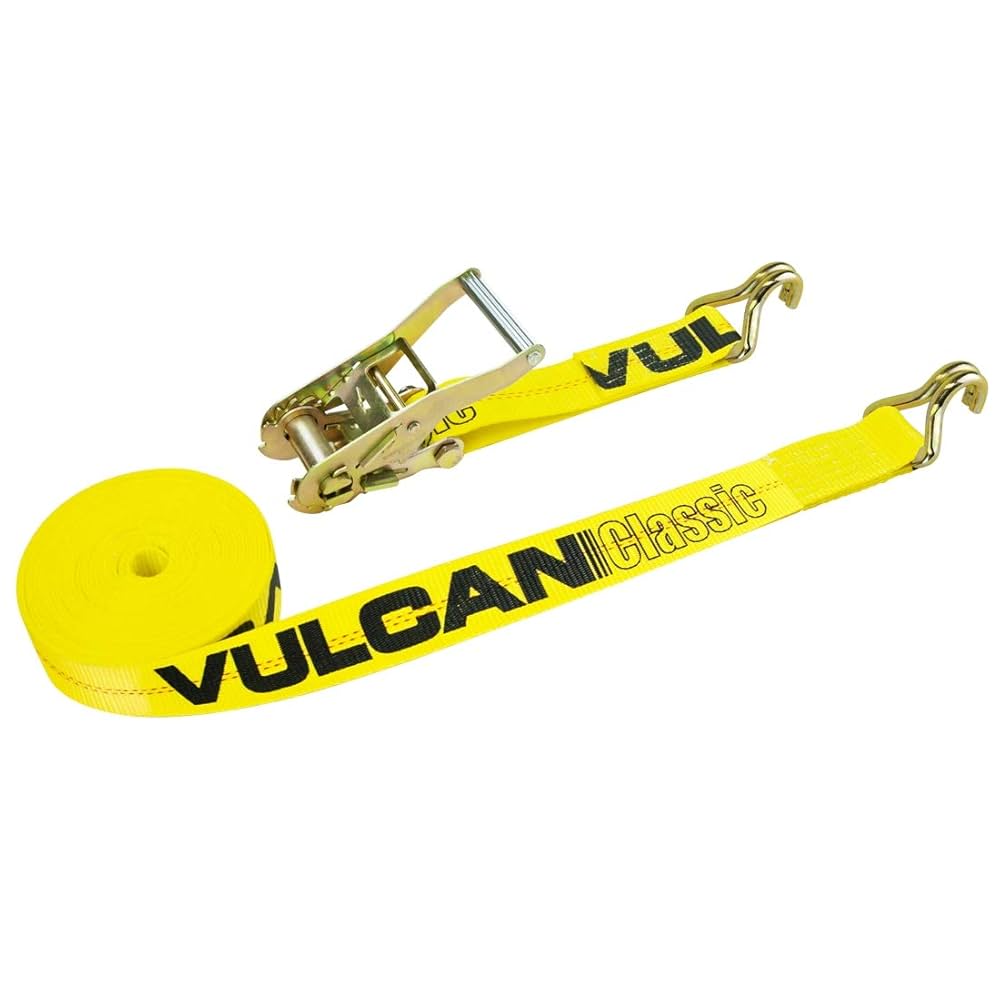 VULCAN Ratchet Strap with Wire Hooks 2 Inch x 30 Foot - Classic Yellow - 3,300 Pound Safe Working Load