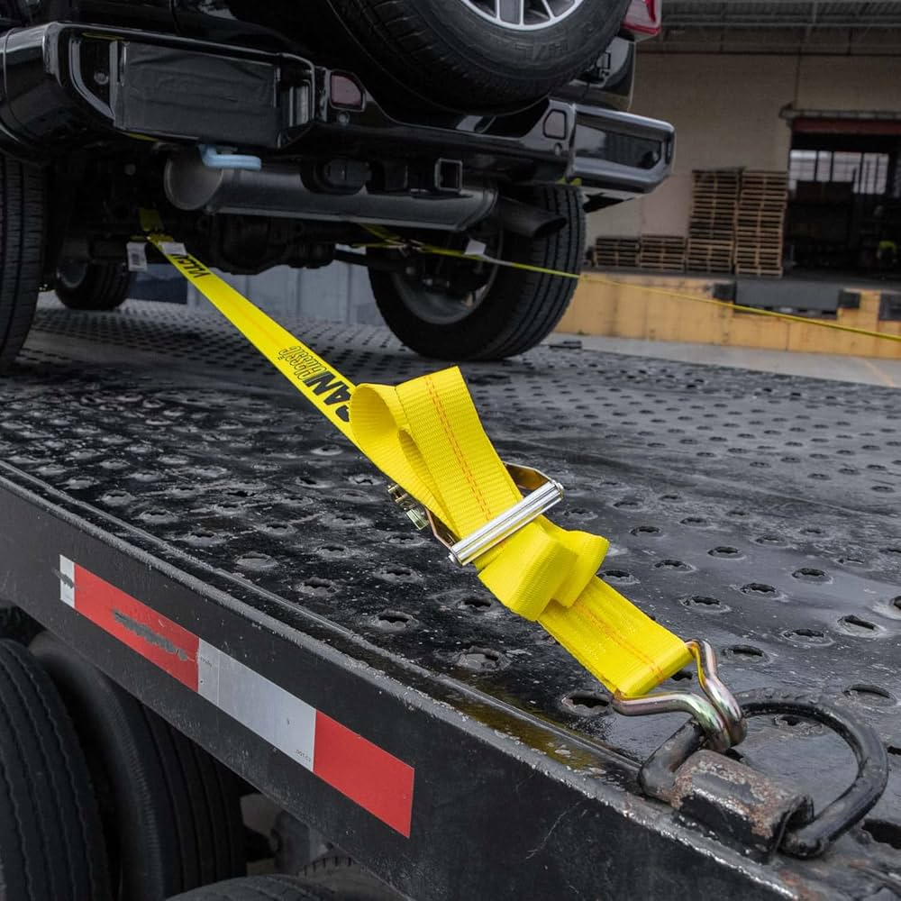 VULCAN Ratchet Strap with Wire Hooks 2 Inch x 30 Foot - Classic Yellow - 3,300 Pound Safe Working Load