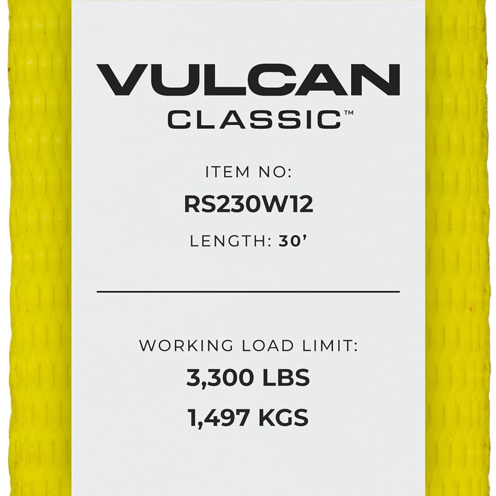 VULCAN Ratchet Strap with Wire Hooks 2 Inch x 30 Foot - Classic Yellow - 3,300 Pound Safe Working Load