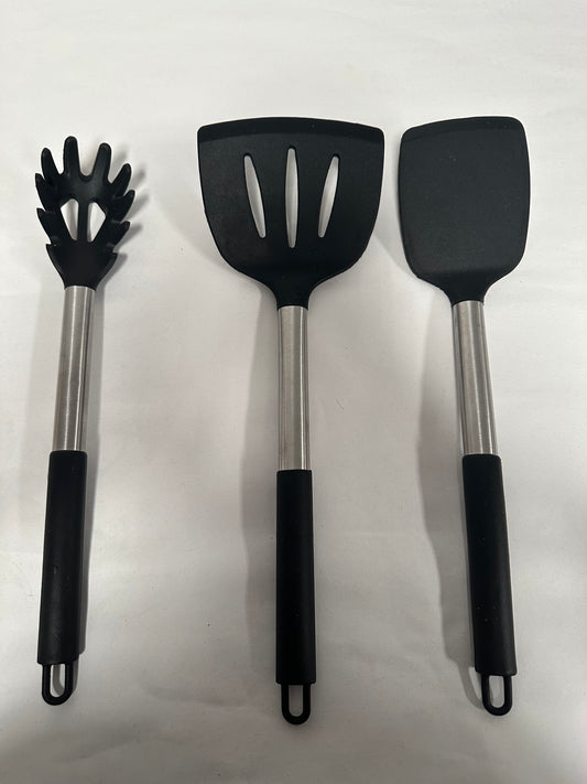 3 Pack Silicone Utensils Set, Non Stick Solid Spatulas, Heat Resistant Blue Slotted Spoons with Stainless Steel Handle, BPA Free Cooking Turner for Stir-Fry, Frying, Mixing, Serving,Draining,Turning
