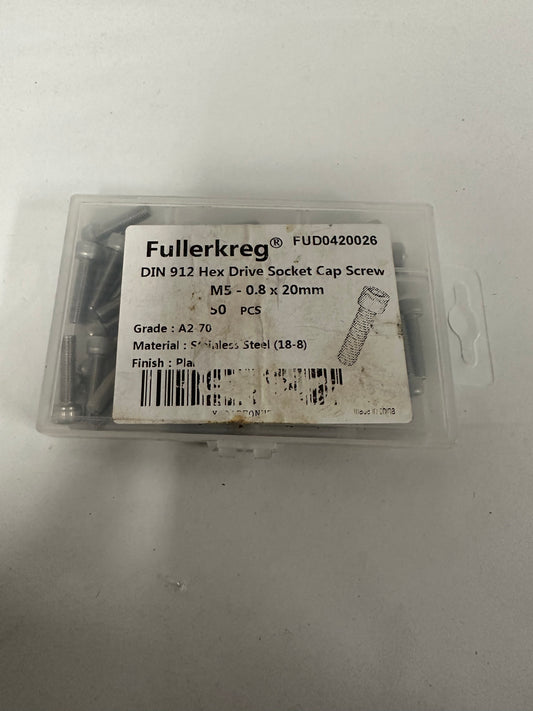 Fullerkreg 0.8mm Pitch M5 x 20MM Socket Head Cap Screws, Allen Socket Drive, Din 912, AISI 304 Stainless Steel (18-8), Full Thread, Bright Finish, Machine Thread, Quantity 50
