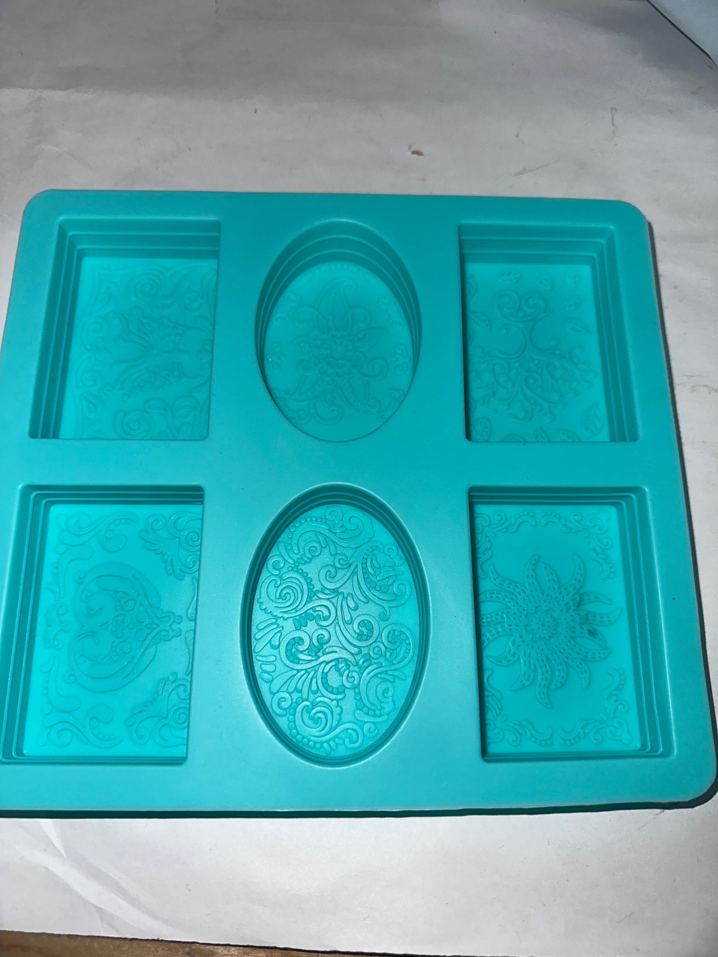 6 Slots Lace Flower Lotion Soap Bar Mold Rectangle Oval Silicone Soap Making Supplies 4oz (Light Blue)