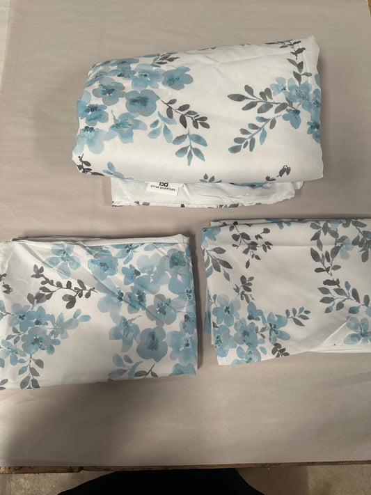 Style Quarters Collection Fran 3-Piece Floral Bed Sheet Set - Blue White Watercolor Printed Microfiber 14-Inches Sheets Pillowcases Set, Queen
