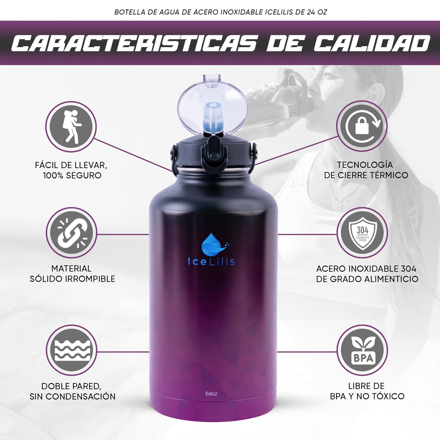 ICELILIS Purple Thermal Bottle 64 Oz Complete Set
