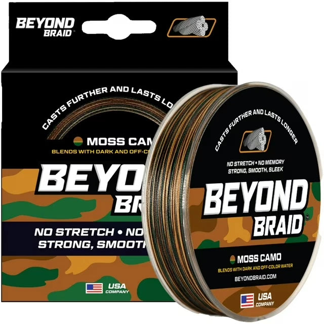 Beyond Braid Braided Fishing Line -Super Strong - Abrasion Resistant - No Stretch- Moss Camo 500 yards, 15lb, 0.16mm