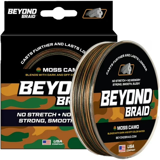 Beyond Braid Braided Fishing Line -Super Strong - Abrasion Resistant - No Stretch- Moss Camo 500 yards, 15lb, 0.16mm