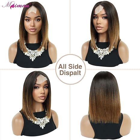 MIMAN 12 Inch Shoulder Length Ombre Brown Bob Wigs for Women Small Lace Front Wigs Middle Part Straight Natural Synthetic Hair Replacement Wigs