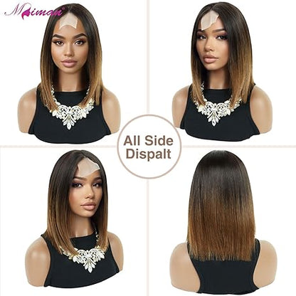 MIMAN 12 Inch Shoulder Length Ombre Brown Bob Wigs for Women Small Lace Front Wigs Middle Part Straight Natural Synthetic Hair Replacement Wigs