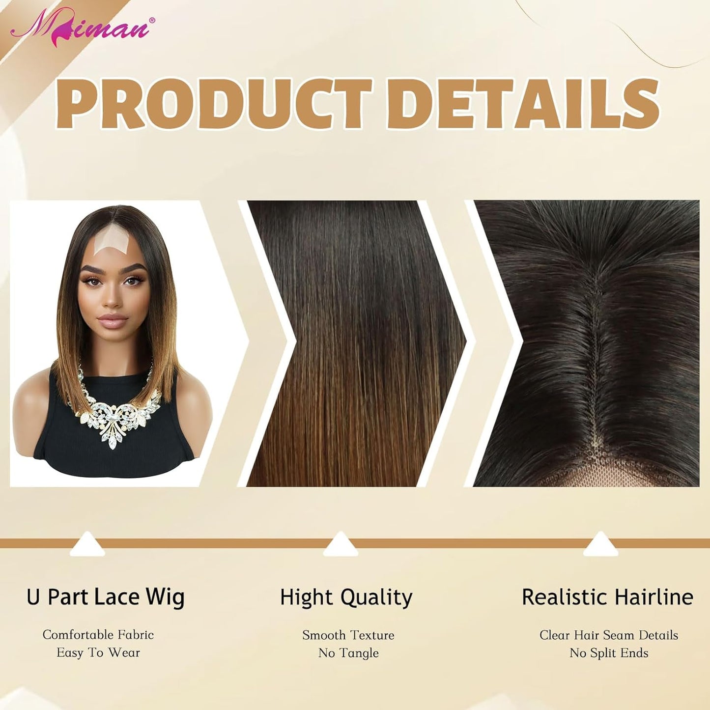 MIMAN 12 Inch Shoulder Length Ombre Brown Bob Wigs for Women Small Lace Front Wigs Middle Part Straight Natural Synthetic Hair Replacement Wigs