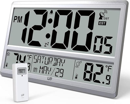 LFF Atomic Clock 4.5" Numbers, Atomic Wall Clock with Indoor & Outdoor Temperature, Never Needs Setting, Battery Operated, Date, Time, Wireless Outdoor Sensor, Jumbo Display Easy to Read