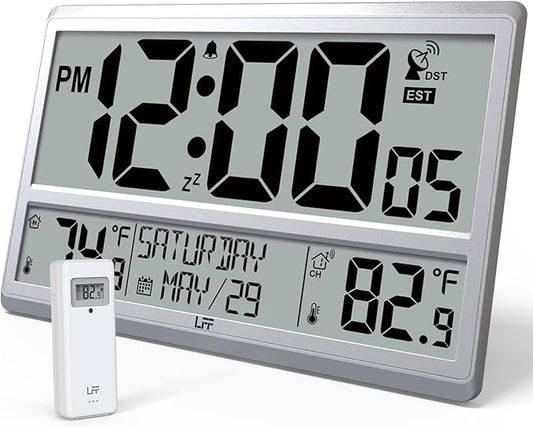 LFF Atomic Clock 4.5" Numbers, Atomic Wall Clock with Indoor & Outdoor Temperature, Never Needs Setting, Battery Operated, Date, Time, Wireless Outdoor Sensor, Jumbo Display Easy to Read
