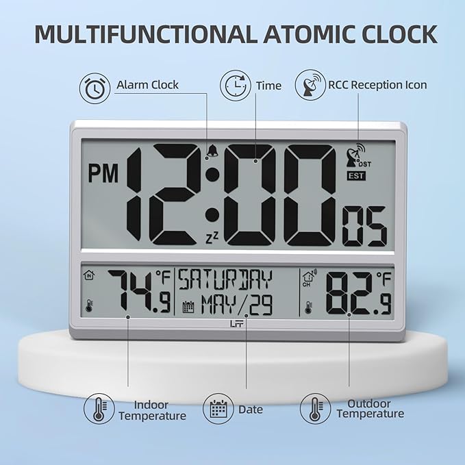LFF Atomic Clock 4.5" Numbers, Atomic Wall Clock with Indoor & Outdoor Temperature, Never Needs Setting, Battery Operated, Date, Time, Wireless Outdoor Sensor, Jumbo Display Easy to Read