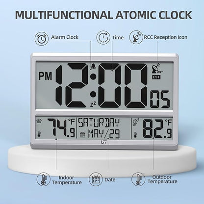 LFF Atomic Clock 4.5" Numbers, Atomic Wall Clock with Indoor & Outdoor Temperature, Never Needs Setting, Battery Operated, Date, Time, Wireless Outdoor Sensor, Jumbo Display Easy to Read