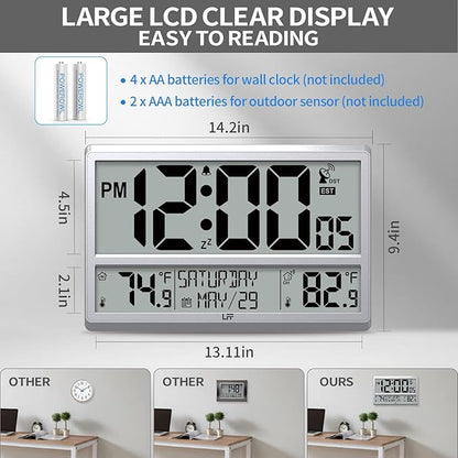 LFF Atomic Clock 4.5" Numbers, Atomic Wall Clock with Indoor & Outdoor Temperature, Never Needs Setting, Battery Operated, Date, Time, Wireless Outdoor Sensor, Jumbo Display Easy to Read