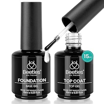 Beetles 2 Pcs 15ml No Wipe Gel Top Coat and Base Coat Set - Shine Finish and Long Lasting, Soak Off LED Nail Lamp Gel Base Top Coat Finish Nail Art Design Manicure Valentines Day Gifts for Women