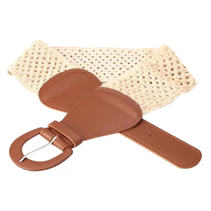Elasticated Cinch Belt 3" Wide Stretch Waist Band Pin Clasp Buckle Brown