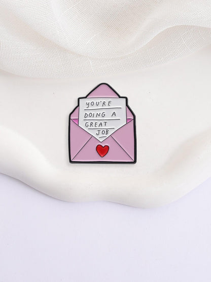 Encouragement Letter Cartoon Enamel Pin Cute Heartwarming Design With Pink Envelope And You're Doing A Good Job Quote Positive Message Brooch For Backpack Journal Office Decoration Gift For Students Friends Encouragement Accessories