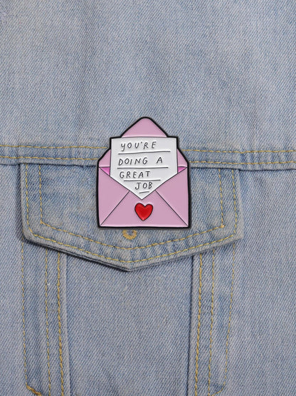 Encouragement Letter Cartoon Enamel Pin Cute Heartwarming Design With Pink Envelope And You're Doing A Good Job Quote Positive Message Brooch For Backpack Journal Office Decoration Gift For Students Friends Encouragement Accessories