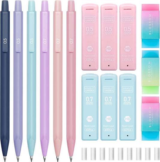 Four Candies Cute Mechanical Pencil Set, 6PCS Pastel Mechanical Pencils 0.5 & 0.7mm with 360PCS HB Pencil Leads, 3PCS Erasers and 9PCS Eraser Refills, Aesthetic Mechanical Pencils for Girls Writing