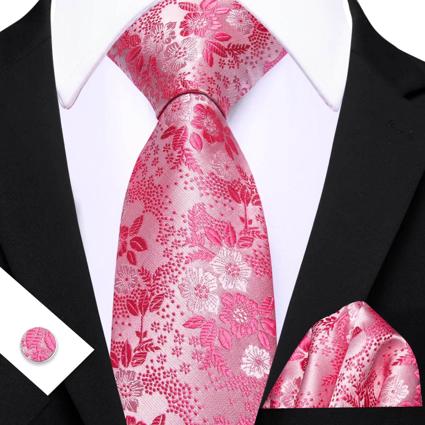 Jacquard Men Tie With Pocket Square Cufflinks Set Woven Floral Pink Exquisite Necktie For Male Wedding Business Gift