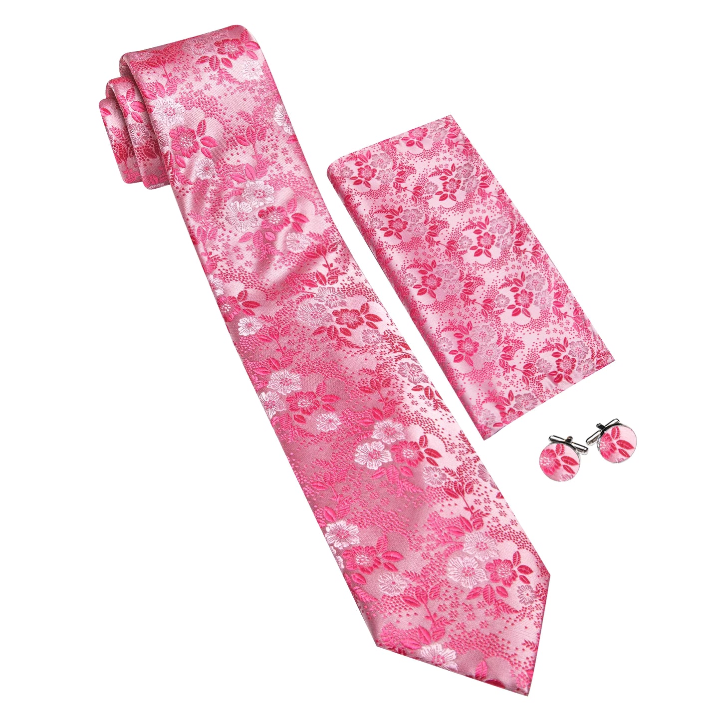 Jacquard Men Tie With Pocket Square Cufflinks Set Woven Floral Pink Exquisite Necktie For Male Wedding Business Gift