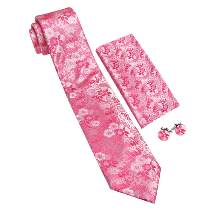 Jacquard Men Tie With Pocket Square Cufflinks Set Woven Floral Pink Exquisite Necktie For Male Wedding Business Gift