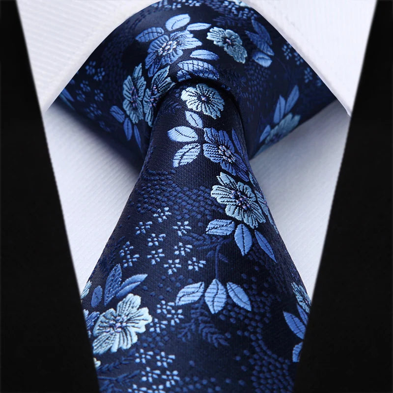 Hisdern Blue Floral Wedding Accessories Set | Tie + Pocket Square |