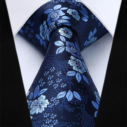 Hisdern Blue Floral Wedding Accessories Set | Tie + Pocket Square |