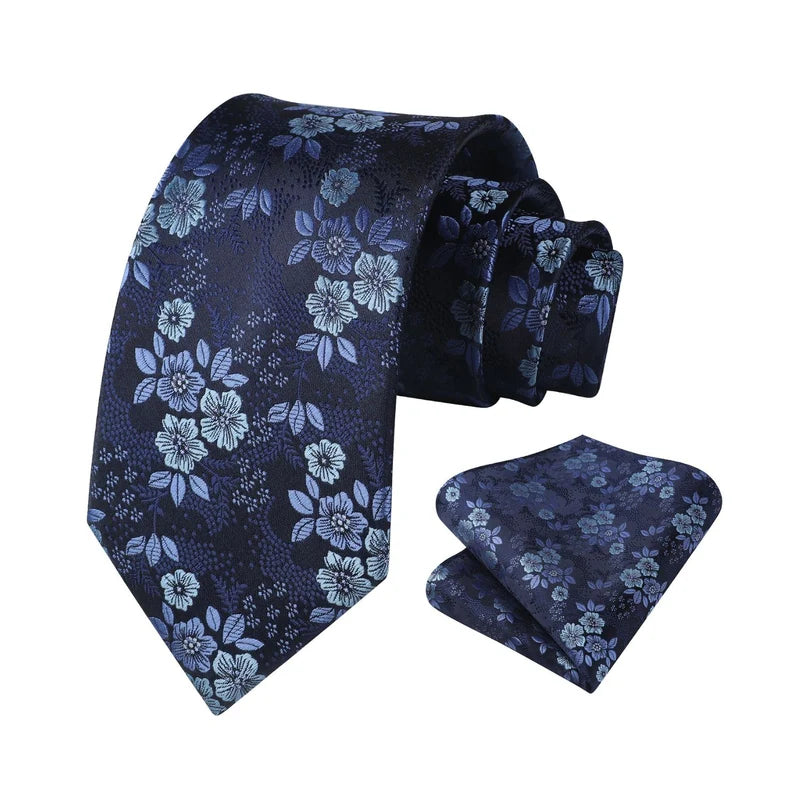 Hisdern Blue Floral Wedding Accessories Set | Tie + Pocket Square |