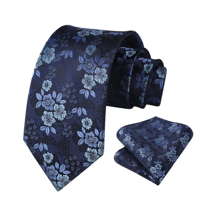 Hisdern Blue Floral Wedding Accessories Set | Tie + Pocket Square |