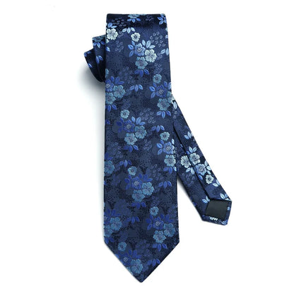 Hisdern Blue Floral Wedding Accessories Set | Tie + Pocket Square |
