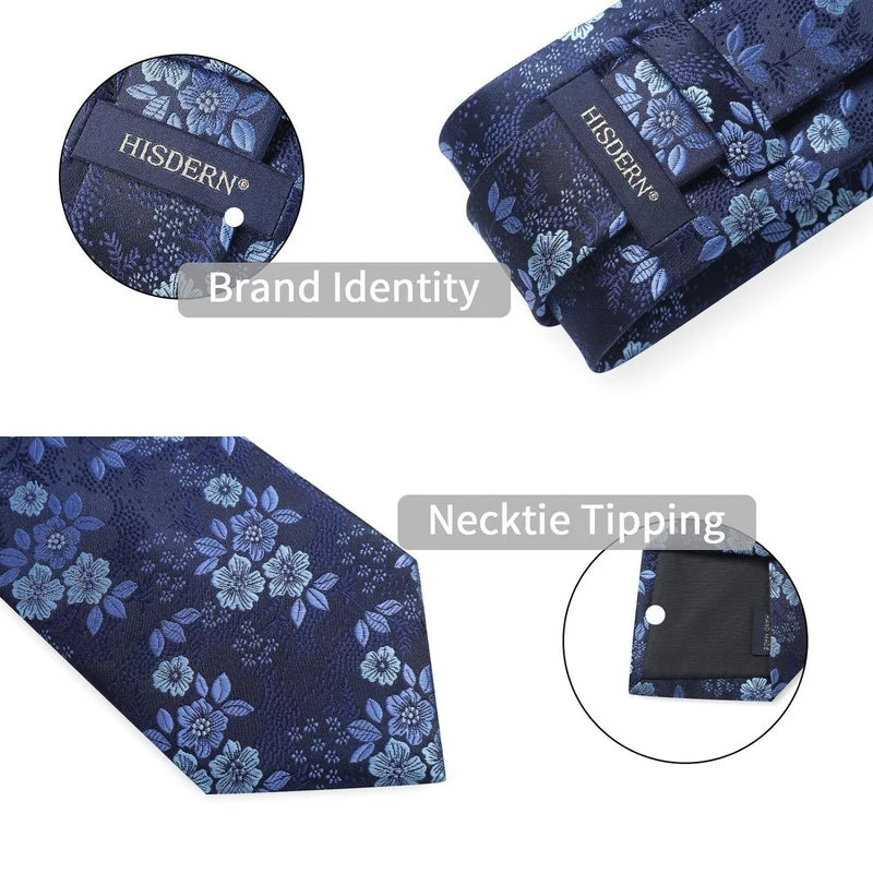 Hisdern Blue Floral Wedding Accessories Set | Tie + Pocket Square |