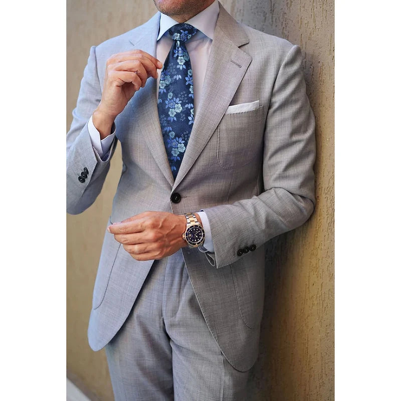 Hisdern Blue Floral Wedding Accessories Set | Tie + Pocket Square |