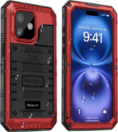 Beasyjoy for iPhone 16e Case Waterproof, Metal Heavy Duty Full Body Protective Case with Built-in Screen Protector, Military Grade Shockproof Defender Cover for iPhone 16e 6.1", Red
