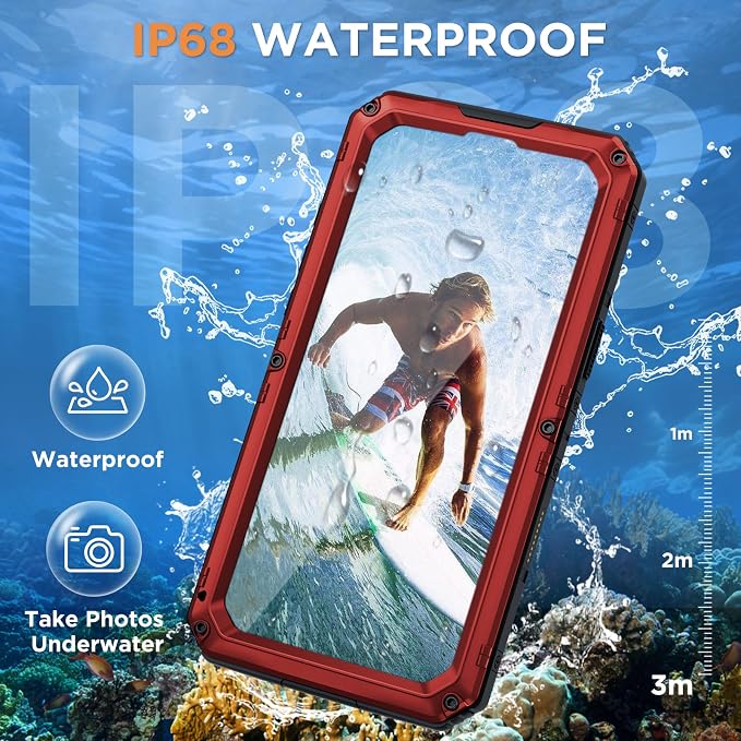 Beasyjoy for iPhone 16e Case Waterproof, Metal Heavy Duty Full Body Protective Case with Built-in Screen Protector, Military Grade Shockproof Defender Cover for iPhone 16e 6.1", Red