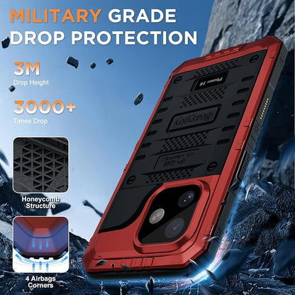Beasyjoy for iPhone 16e Case Waterproof, Metal Heavy Duty Full Body Protective Case with Built-in Screen Protector, Military Grade Shockproof Defender Cover for iPhone 16e 6.1", Red